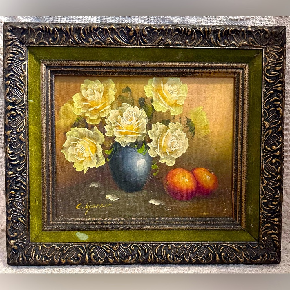 Original Oil Painting on Canvas “Roses In A Vase” Black & Gold Frame Signed